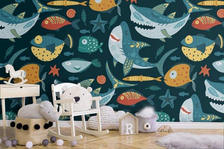 Wallpaper with fish and shark animal pattern for children.