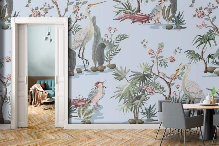 Tropical animals and plants wallpaper pattern.