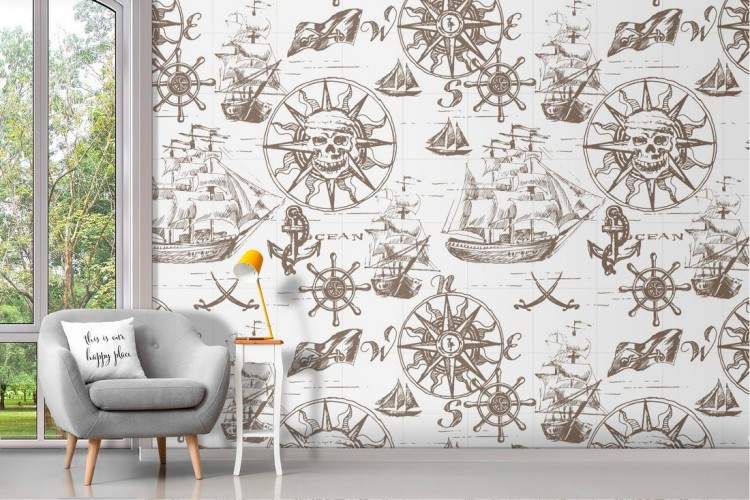 Wallpaper with skulls and pirate ships pattern.