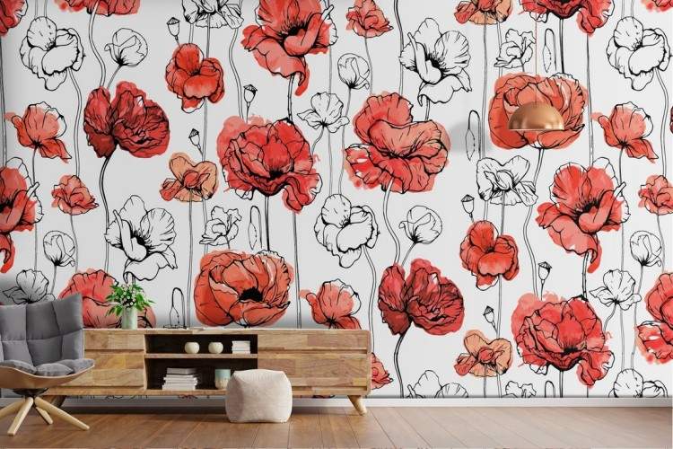 Red poppy flowers wallpaper nature pattern.