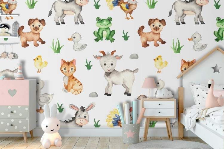 Farm animals wallpaper decoration for children.