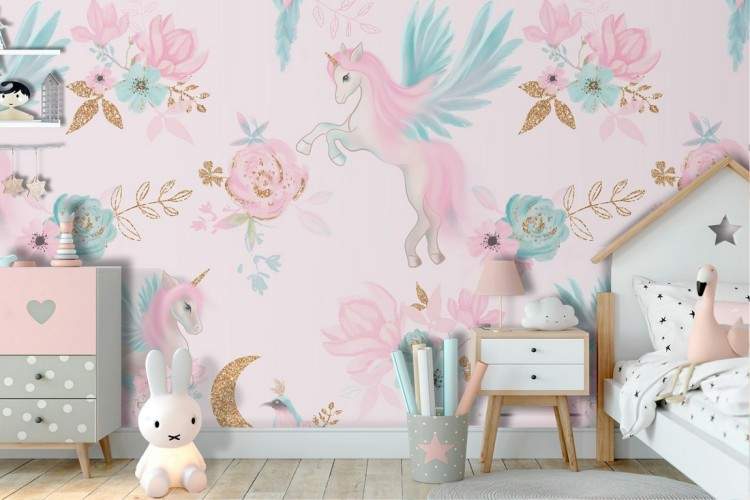 Unicorn and flower wallpaper fantasy decoration for children.