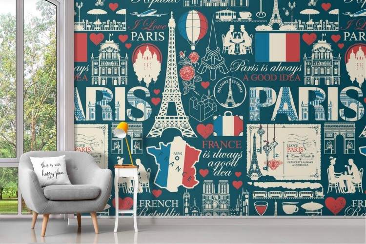 Paris Wallpaper written postcards modern design.