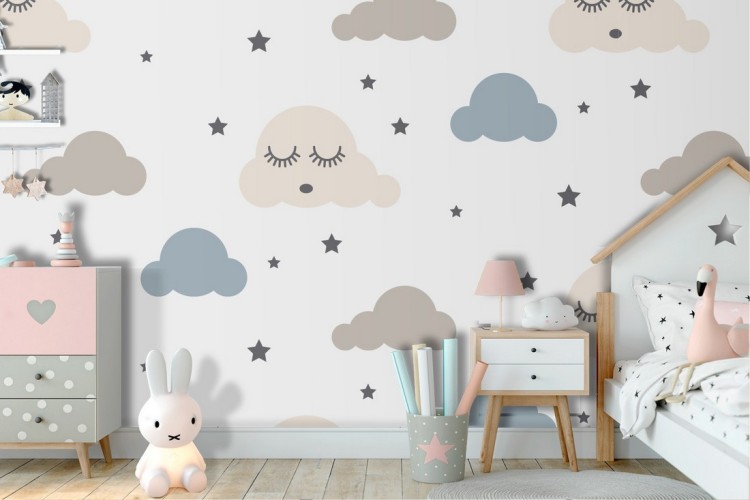 Wallpaper stars and clouds decoration for children.