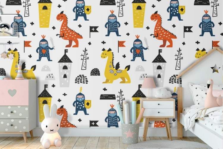 Knights and dragons wallpaper fantasy decoration for children.