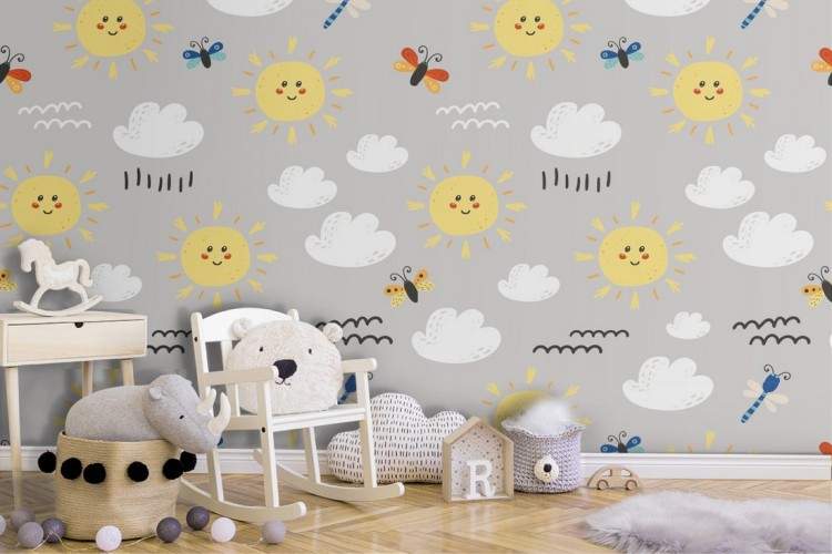 Sun and butterflies wallpaper nature decoration for children.