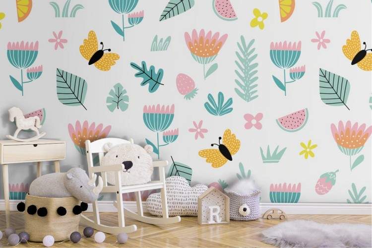 Wallpaper with stylized flowers and butterflies pattern for children.