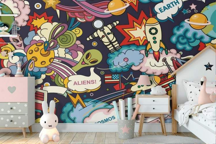 Rocket and space writings children's wallpaper pattern.