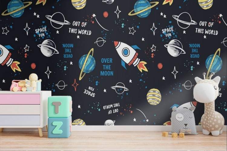 Wallpaper rockets and planets children's decoration.