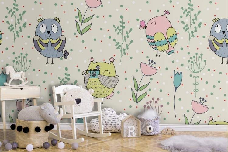 Wallpaper with birds and flowers decoration for children.