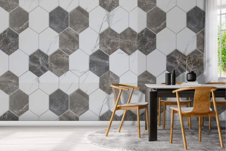 Wallpaper with geometric hexagon tile surface.