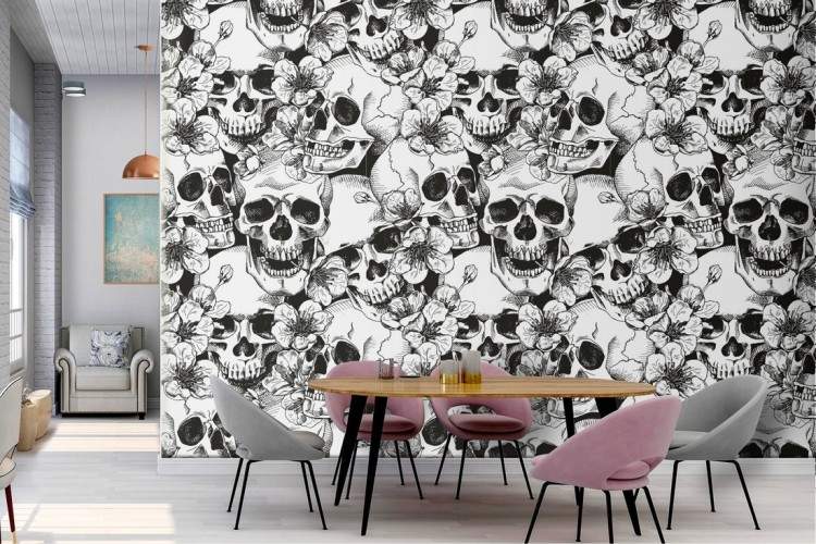 Wallpaper decoration dark skulls pattern.