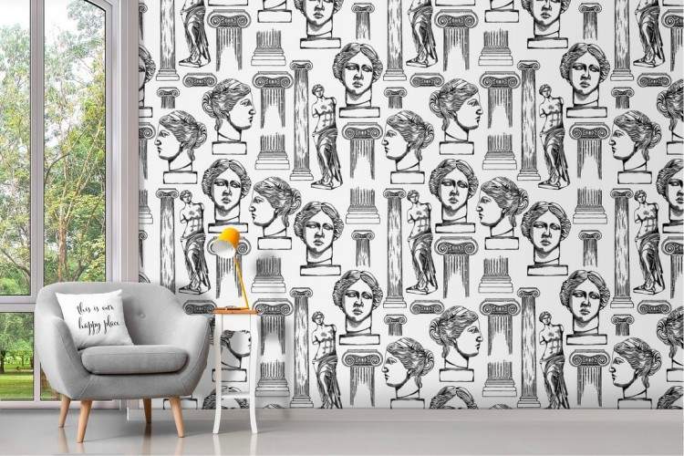 Wallpaper with vintage decoration of statues and columns.