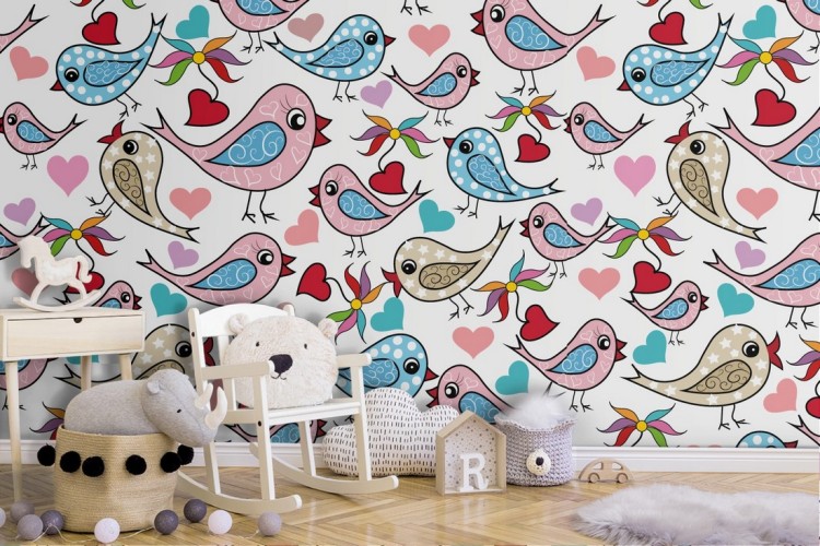 Wallpaper with little birds and hearts decoration for children.