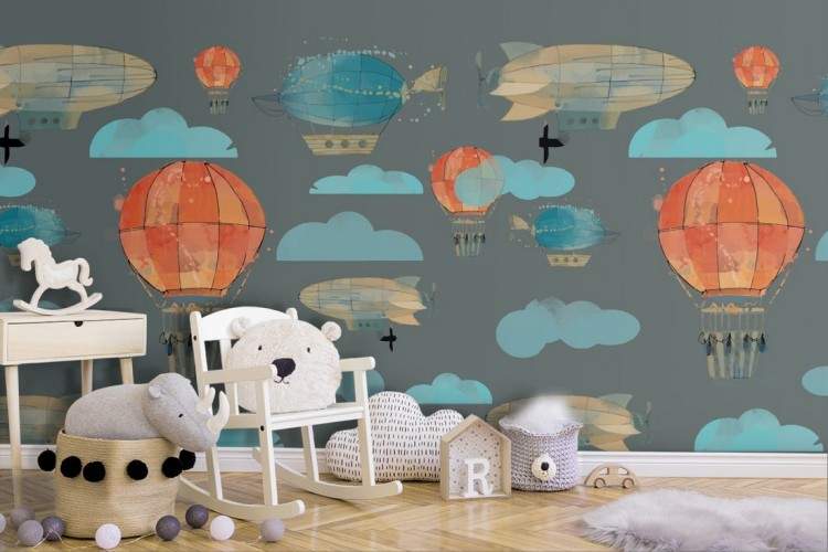 Hot air balloons and clouds children's wallpaper decoration.