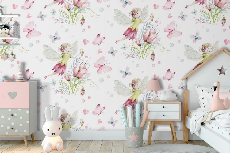 Fairy and flowers wallpaper children's fantasy decoration.