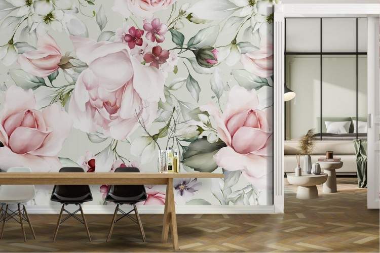 Refined wallpaper with pink flowers and green leaves.