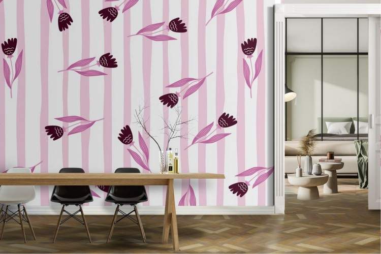 Wallpaper with stylized flowers and pink stripes decoration.