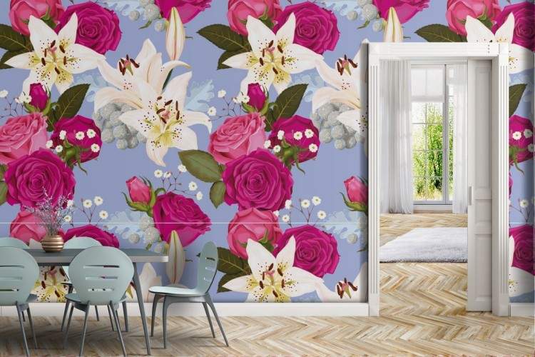 Fuchsia and white flowers wallpaper modern design.