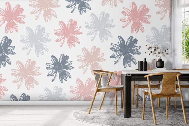 Wallpaper with stylized pink and blue flowers pattern.