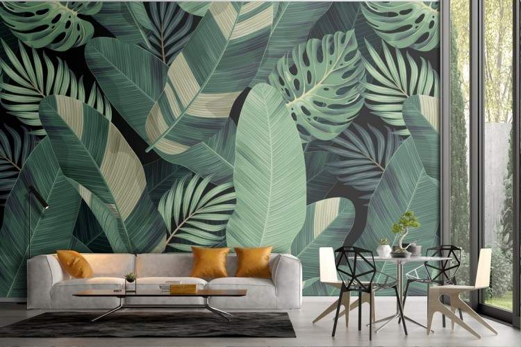 Tropical green leaves wallpaper pattern.