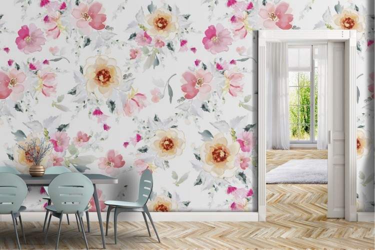 Refined white and pink floral wallpaper.