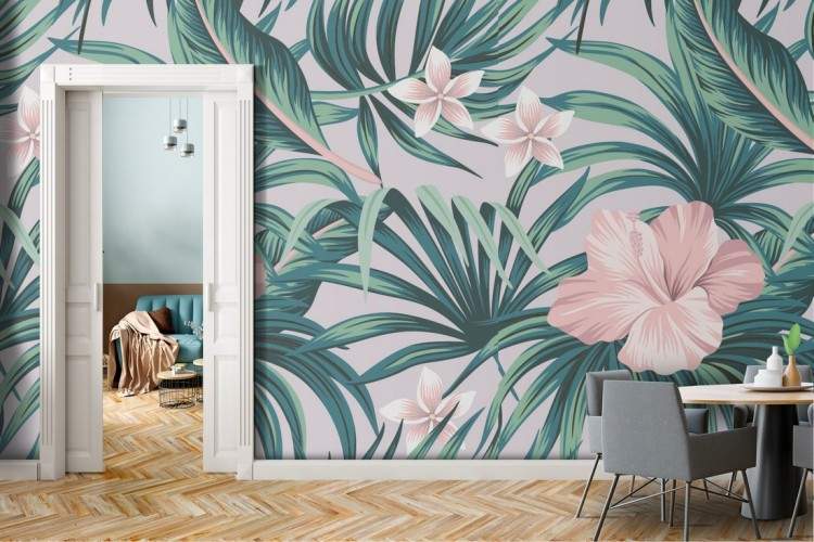 Tropical nature wallpaper with leaves and flowers.