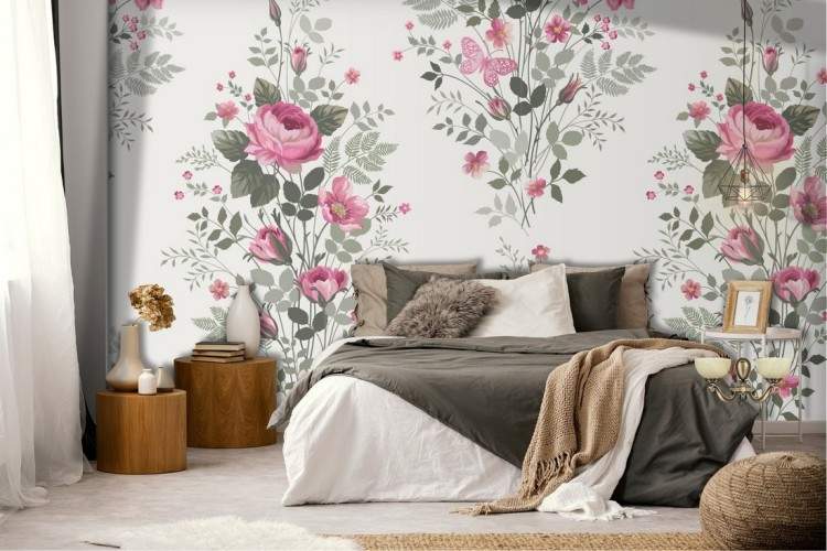 Vintage damask wallpaper with classic roses.